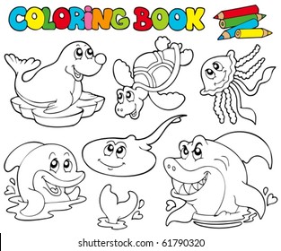 Coloring book with marine animals 1 - vector illustration.