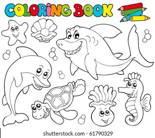 Coloring book with marine animals 2 - vector illustration.