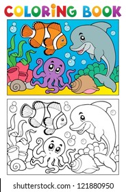 Coloring book with marine animals 6 - vector illustration.