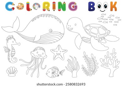 Coloring book of marine animals cartoon, vector catoon illustration