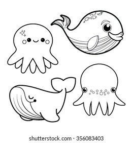 Coloring book with marine characters - vector illustration.