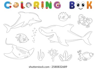 Coloring book of marine life cartoon, vector catoon illustration