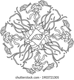 Coloring book of marine life . Fish, seaweed bubbles, jellyfish. Mandala. Hand-drawn vector illustration,