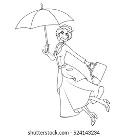 Coloring book: Marry Poppins a novel character flying on umbrella
