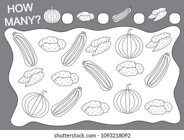 Coloring book and math game how many vegetables. Education. Leisure activity. Vector illustration.