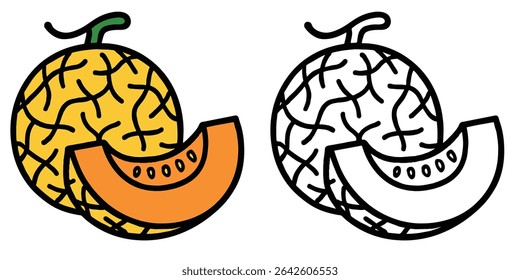 Livro de colorir de um melão com um corte de cunha, no fundo branco esboço ilustração vetor