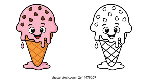 Coloring book of a melting ice cream cone cartoon with chocolate chips on a white background illustration