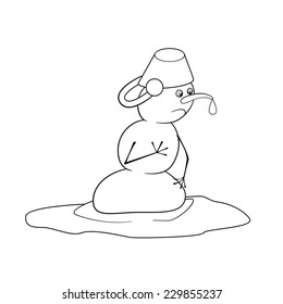 Coloring book. Melting Snowman in a puddle