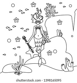 Coloring book Mermaid rock star. A girl with tail. Siren in sunglasses is holding a guitar. Seabed landscape. Starfish. Vector illustration. Black and white card Coloring cartoon characte