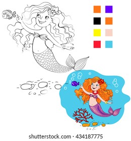 Coloring book mermaid swimming in the sea. Vector Illustration image of a cute mermaid princess playing with the fish underwater. Coloring page