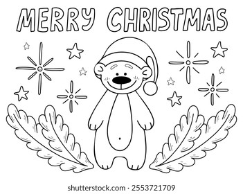 Coloring book Merry Christmas hand drawn. Cute bear in Santa hat. Fir branch. Happy holiday. Festive joy. December event. Vector outline art illustration. Page for kids and adults.