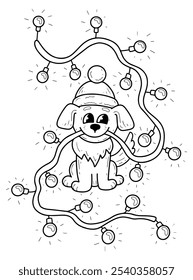 Coloring book Merry Christmas puppy hand drawn. Cute dog in hat with garland of lights. Winter holiday. Celebration of event. Vector outline art illustration. Coloring page for children and adults.