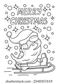 Coloring book Merry Christmas Santa Claus hand drawn. Cute gnome in warm hat riding sled. Winter holiday. Celebration event. Vector outline art illustration. Coloring page for kids and adults.