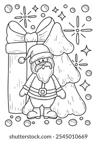 Coloring book Merry Christmas Santa Claus hand drawn. Cute character. Big gift box, fir tree. Winter holiday. Event celebration. Vector outline art illustration. Coloring page for kids and adults.