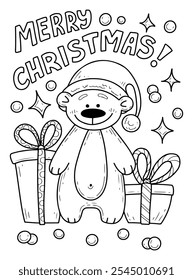 Coloring book Merry Christmas teddy bear hand drawn. Cute character in Santa hat, gift boxes. Friendly animal. Happy holiday. Celebrating event. Vector outline illustration. Page for kids and adults.