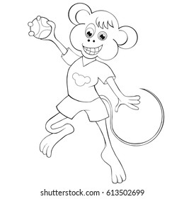 Coloring book monkey plays handball. Cartoon style. Clip art for children.