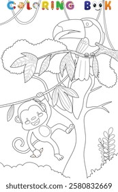 Coloring book of monkey with toucan in forest, vector catoon illustration