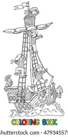 Coloring book or monochrome vector illustration of a wooden sailboat with a team of six Jolly boys-sailors in vests and sailor hats and a parrot.