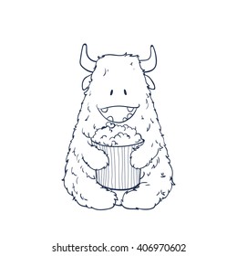 Coloring book monster. Cute Cartoon Monster with popcorn. Vector illustration. 