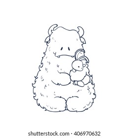 Coloring book monster. Cute cartoon monster with a toy. Vector illustration.