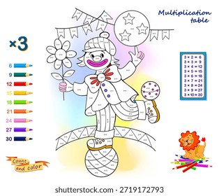 Malbuch mit Multiplikationstabelle. Mathematikunterricht für Kinder mit Multiplikation mit 3. Lösen Sie Beispiele und malen Sie den Clown. Lernspiel. Arbeitsblatt für Kinder-Lehrbuch. Handgezeichneter Vektor.