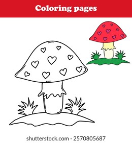 Coloring book, mushroom with hearts coloring activity , red mashroom , hearts , valentines day 