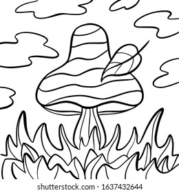 Coloring book mushroom with leaf on 
grass  - vector illustration.