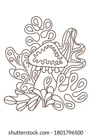 Coloring book Mushroom and leaves, doodle illustration .  Black and white pattern. Vector