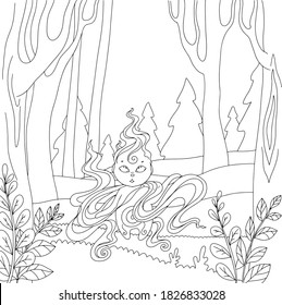 coloring book with a mythical creature, the spirit of the forest, a ghost in the forest. wandering light.