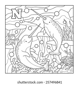 Coloring book (narwhal), colorless illustration (letter N) 