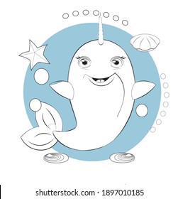 Coloring book Narwhal with horn have fun in bubble background, picture in hand drawing cartoon style, for t-shirt wear fashion print design, greeting card