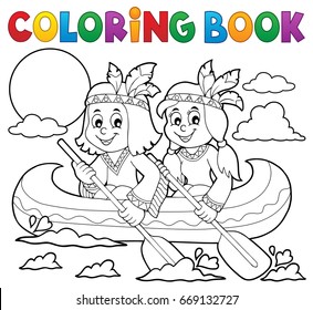 Coloring book Native Americans in boat - eps10 vector illustration.