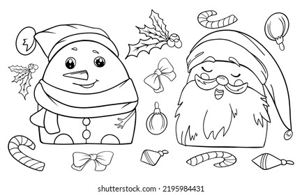 coloring book New Year's poster snowman and Santa Claus vector isolated on a white background anti-stress page for children and adults