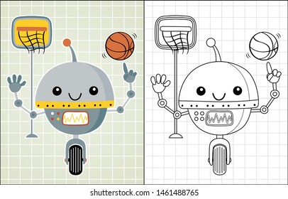 Coloring book of nice robot cartoon playing basketball