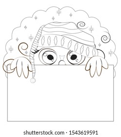 Coloring book night Owl with green eyes, on sky in striped cap frame. Picture in hand drawing cartoon style, for sale or text frame, greeting or business card, party invitation