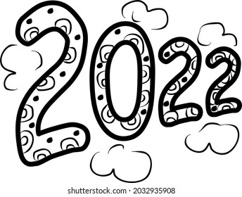 Coloring book number 2022. Zentangle style, doodle.  Colouring page for kids or adult. Vector illustration modern