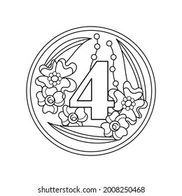 Coloring book. Number 4 with flowers, buds and leaves in a round frame, a decorative ornament for a greeting card, invitations. Vector illustration svg