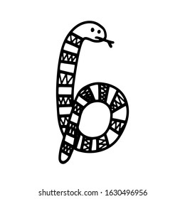 Coloring book number six in doodle style on white background. Mathematics vector illustration. Children book illustration. Cartoon style. Design element.