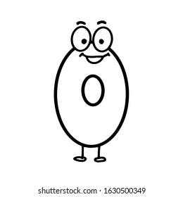 Coloring book number zero on white background. Vector color illustration. Mathematics vector illustration. Funny cartoon character.