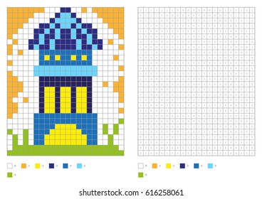 Coloring book with numbered squares. Kids coloring page, pixel coloring. Building, house. Vector illustration