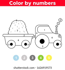 Coloring book with numbers. Learn colors. Educational game for preschool children. Cute cartoon transport - tractor.