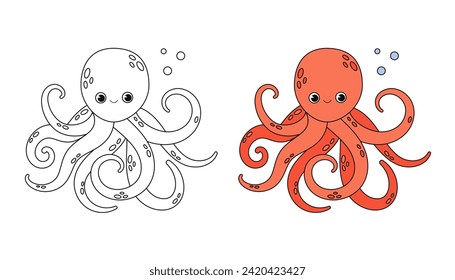 Colorando el pulpo de los libros para los niños. Carácter alegre. Ilustración vectorial. Estilo de dibujos animados. Página de fantasía para niños. Silueta de contorno negro. Aislado sobre fondo blanco.