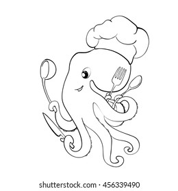 Coloring book with octopus - vector illustration. funny cartoon character, merry cook 