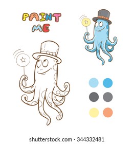 Coloring book with octopus. Vector image. Cartoon  animal  conjurer.