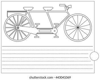 Coloring book with old bicycle and place for text. Vector image. 