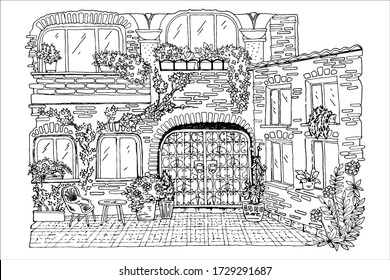 coloring book, old, stone courtyard, forged gates, windows, flowers in flowerpots, vector, black and white