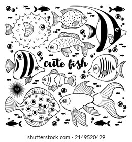 Coloring book on the theme of fish. Cute fish. Cartoon sea animals. Set of vector elements.
