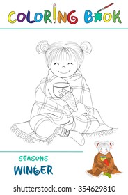 Coloring book. One of a set: Seasons with cute girl - for coloring and painted exaple. Winter page: Get warm. 