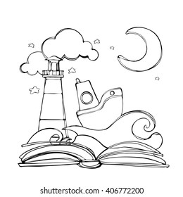 Coloring book. open book with mountain, star, cloud, boat, wave. vector illustration