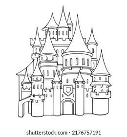 Coloring book of outline castle. Educational kids activity page and worksheet. Cartoon Isolated vector illustration.